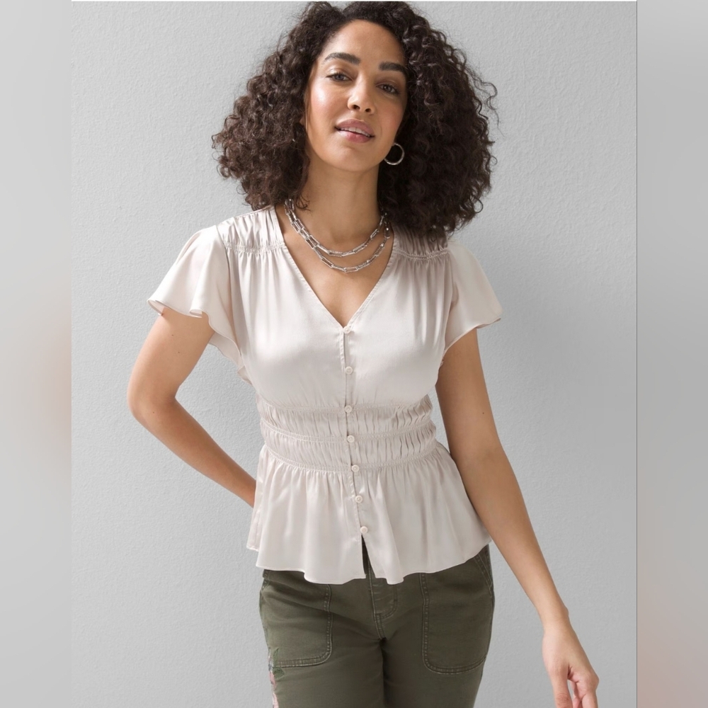 NWT White House Black Market Smocked Flutter-Sleeve Blouse (M)